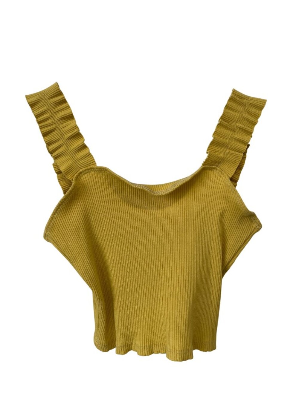21 Saints Crop Top Ribbed Knit Sleeveless Ruffle Wide Straps Yellow Casual Chic